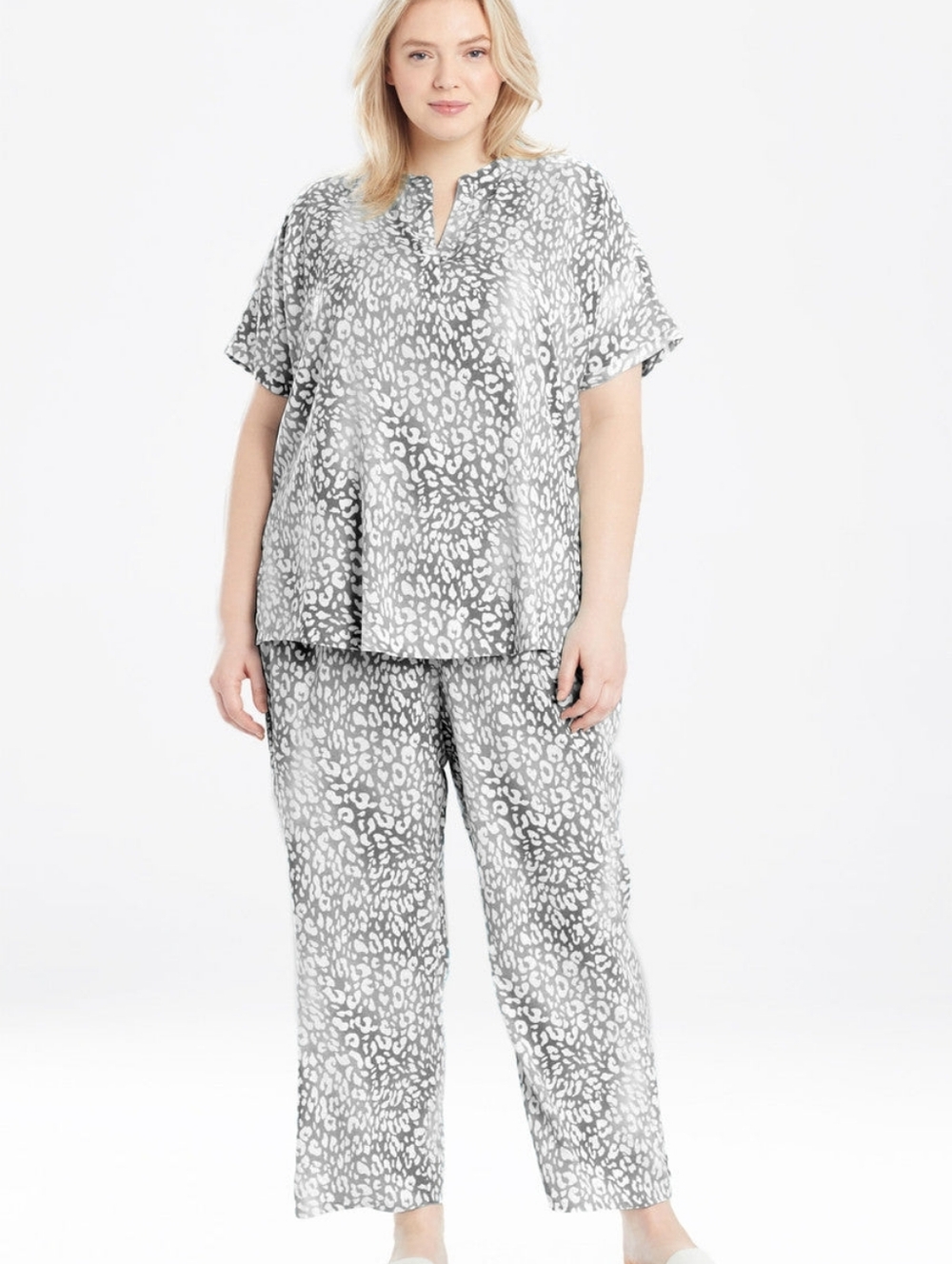 N Natori Grey Leopard Printed Challis PJ Set